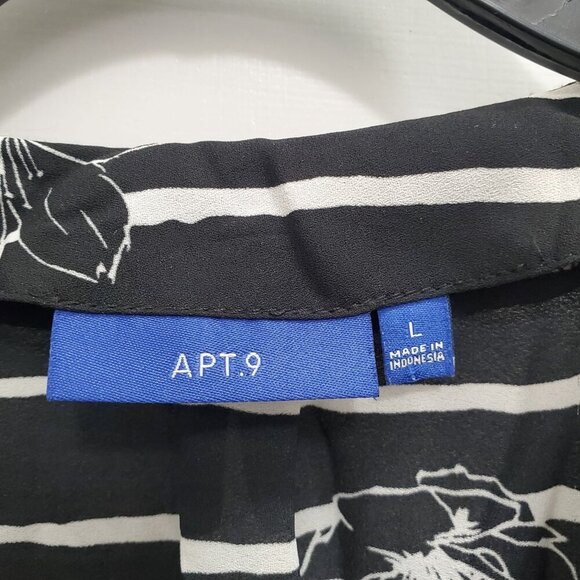 Apt. 9 Women's Black‎ White Stripe Floral Short Sleeve Pleated Wrap Top Size L - Picture 5 of 7